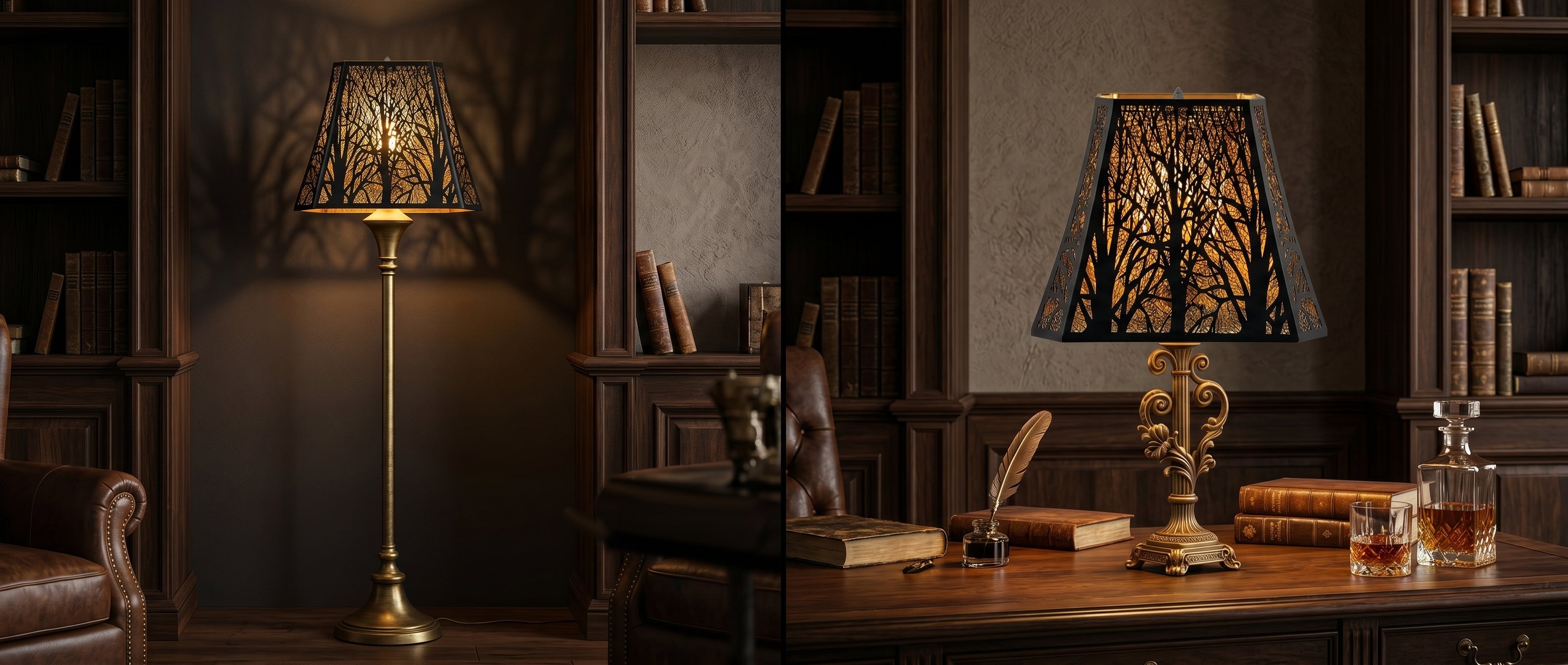 Large Rectangle Forest Etched Metal Lamp Shade - Dual Study Setting Comparison - Left: Shade on Tall Brass Floor Lamp in Dark Wood Bookcase Library with Leather Books - Right: Same Rectangle Shade on Ornate Rococo Floral Scrollwork Brass Table Lamp on Polished Wood Executive Desk - Both Casting Warm Forest Tree Shadow Projection on Stucco and Wood Panel Walls - Desk Features Vintage Leather Books, Feather Quill Pen with Inkwell, Crystal Decanter with Whiskey Glass - 8" x 13.9" x 11" Large Rectangle Replacem