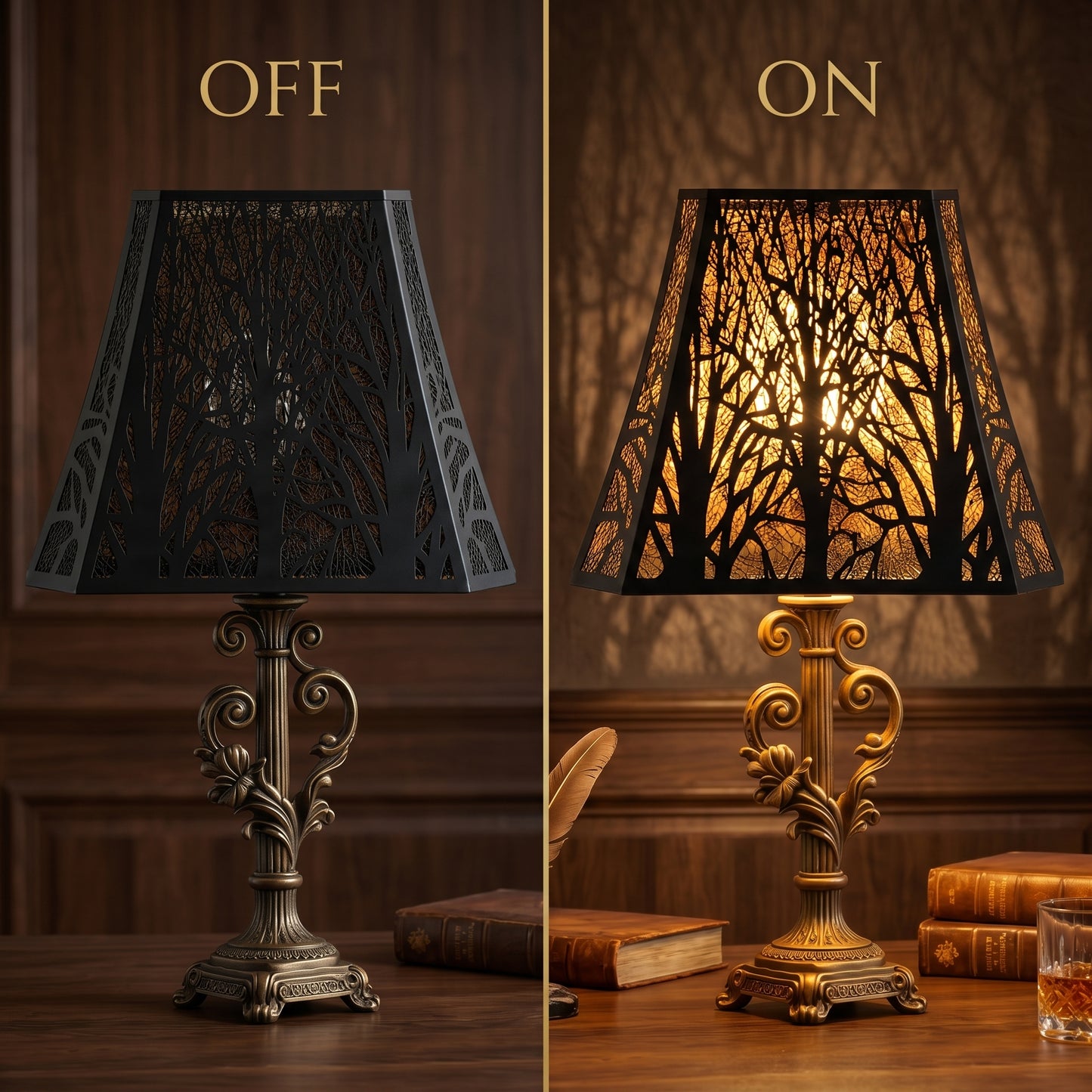 Large Rectangle Forest Etched Metal Lamp Shade - OFF/ON Comparison on Ornate Rococo-Style Brass Table Lamp with Floral Scrollwork in Vintage Study with Wood Paneling, Antique Leather Books, Feather Quill Pen, and Whiskey Glass - Left (OFF) Shows Intricate Black Laser-Cut Bare Tree Branch Pattern Exterior Against Dark Wood - Right (ON) Reveals Warm Gold Interior Glow Shining Through Detailed Forest Tree and Leaf Pattern Casting Dramatic Tree Shadow Projection on Wood Wall - 8"x13.9"x11" Rectangle Shape - Rep