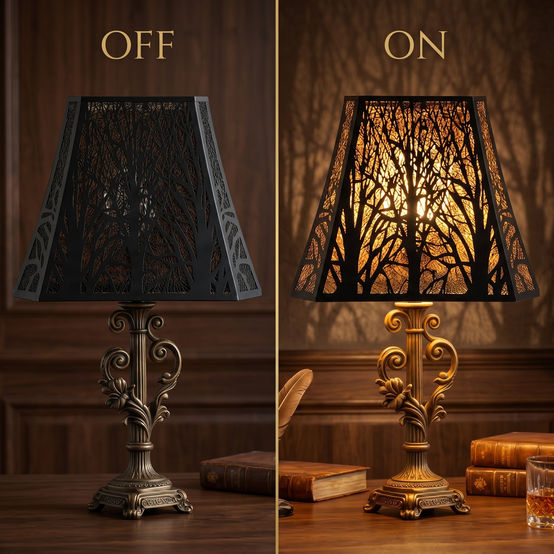 Large Rectangle Forest Etched Metal Lamp Shade - OFF/ON Comparison on Ornate Rococo-Style Brass Table Lamp with Floral Scrollwork in Vintage Study with Wood Paneling, Antique Leather Books, Feather Quill Pen, and Whiskey Glass - Left (OFF) Shows Intricate Black Laser-Cut Bare Tree Branch Pattern Exterior Against Dark Wood - Right (ON) Reveals Warm Gold Interior Glow Shining Through Detailed Forest Tree and Leaf Pattern Casting Dramatic Tree Shadow Projection on Wood Wall - 8"x13.9"x11" Rectangle Shape - Rep