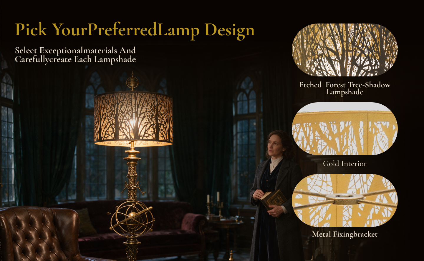Forest lamp shade showing detailed tree pattern cutout, golden reflective interior, and premium metal fixing structure.