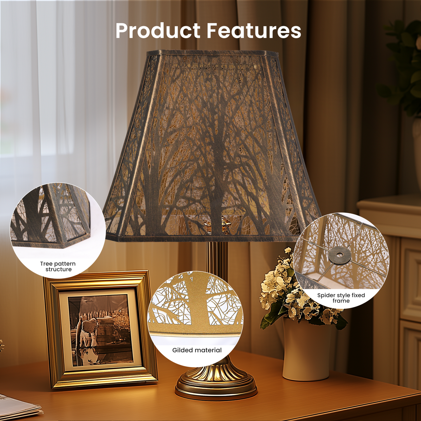 Large forest etched lampshade installed on floor lamp creating warm decorative lighting for living room interiors