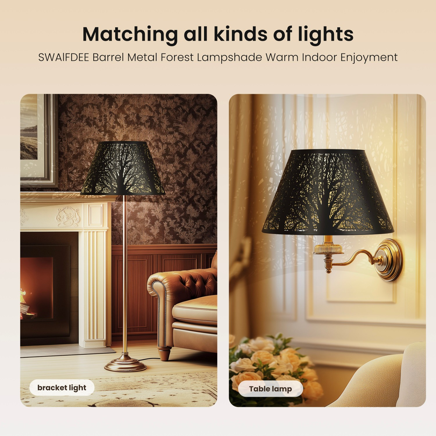 Modern forest etched metal lampshade creating warm ambient glow with reflective gold interior lighting effect