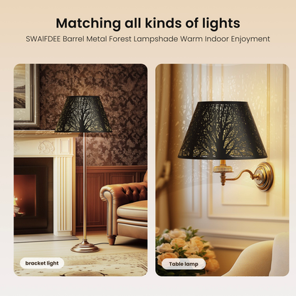 Modern forest etched metal lampshade creating warm ambient glow with reflective gold interior lighting effect