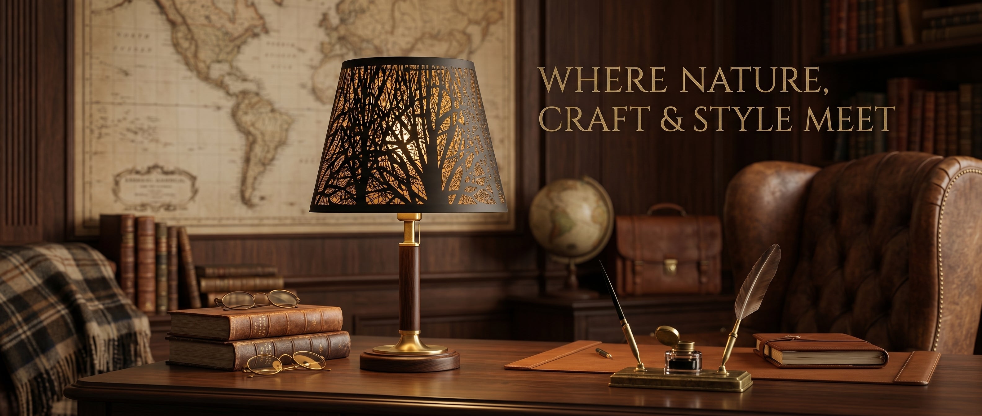 Where Nature, Craft & Style Meet - Small Metal Lamp Shade with Hand-Etched Forest Pattern on Wooden Brass Table Lamp in Vintage Office Setting, World Map Background with Leather Chair, Antique Globe, Feather Pen and Leather Books, 6"x10"x7.5" Spider Fitter, Decorative Black and Gold Replacement Shade for Table Lamps, Bedside Lamps, and Fixtures, Warm Ambient Lighting