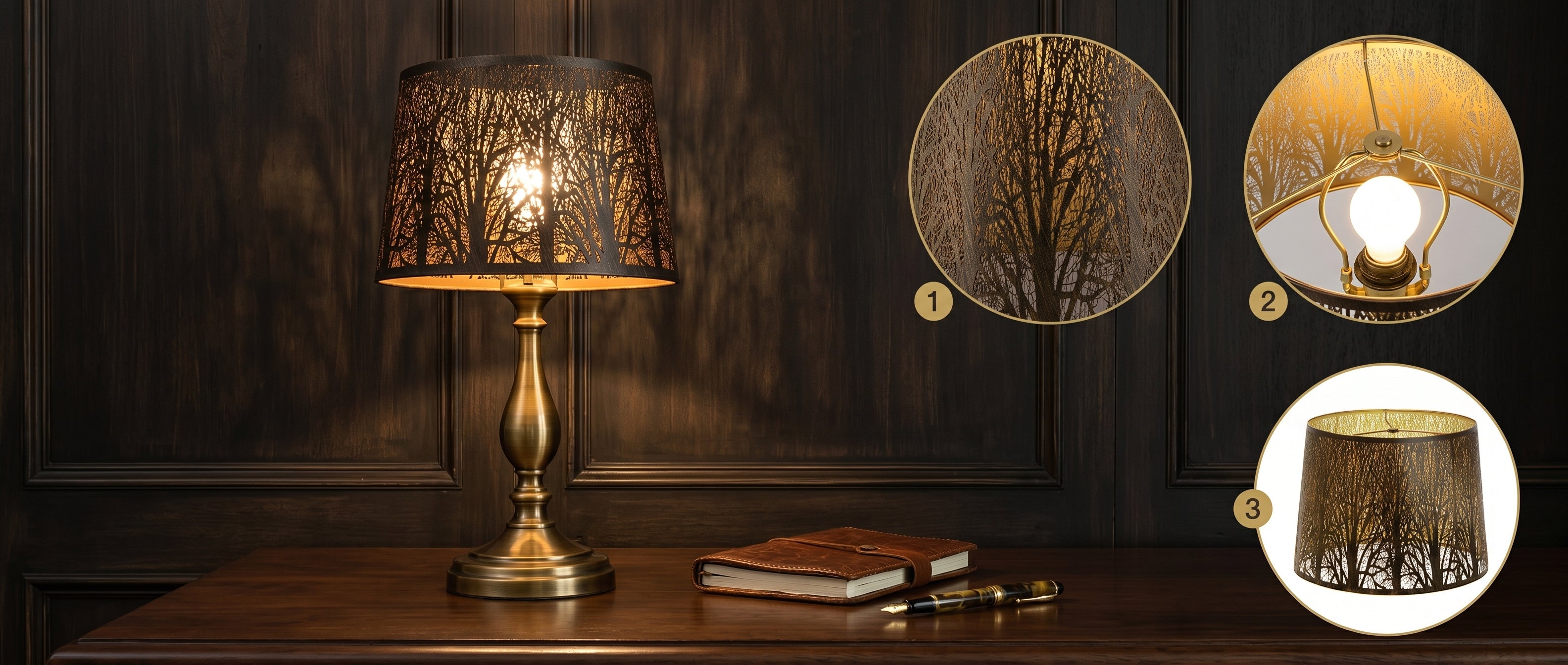 Large Forest Etched Metal Lamp Shade on Classic Urn-Shaped Brass or Antique Bronze Table Lamp with Decorative Stem and Round Plinth Base Placed on Polished Dark Walnut Wood Desk or Table in Elegant Dark Wood Paneled Study, Library or Office - Desk Accessories Include Brown Leather-Bound Journal Notebook with Strap, Brass and Dark Wood Barrel Fountain Pen - Antique Bronze or Matte Black Metal Drum Shade with Detailed Etched or Laser-Cut Bare Winter Forest Tree Branch Nature-Inspired Pattern, Warm Gold Interi
