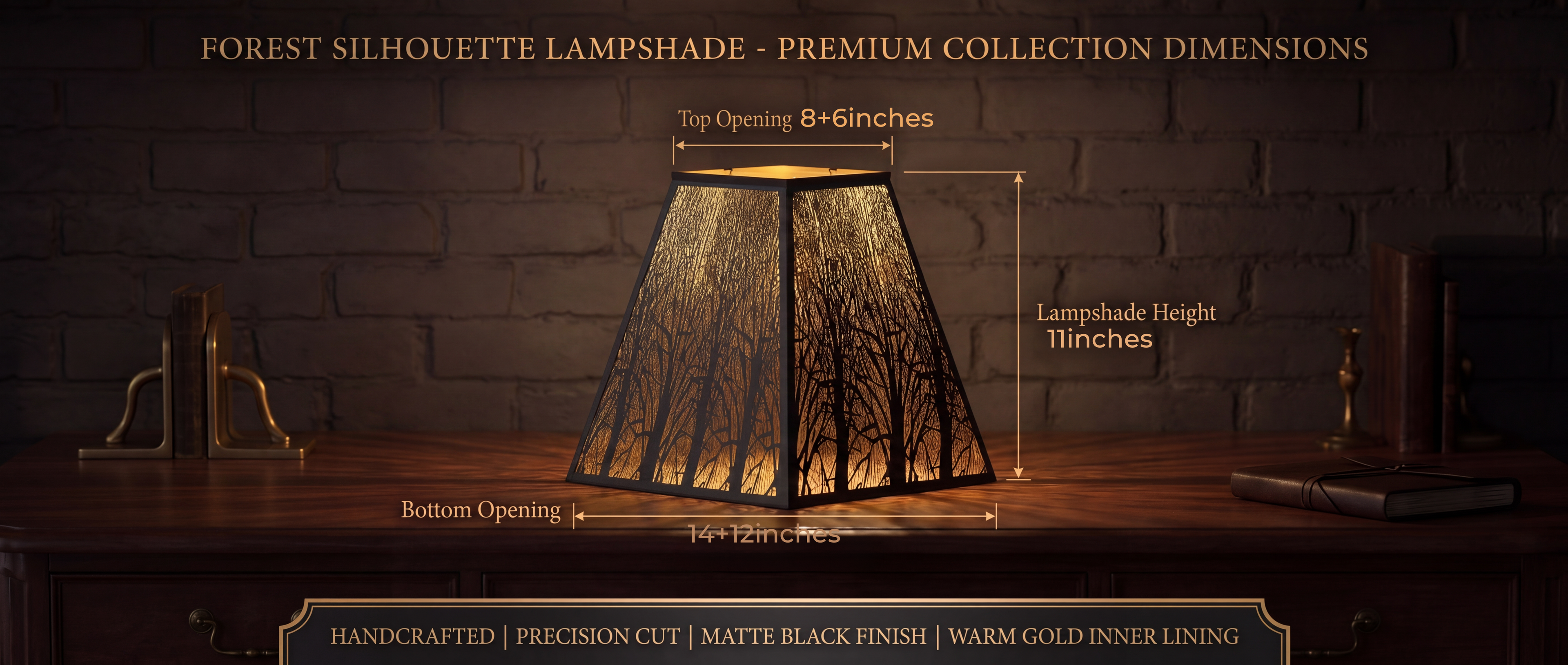 Pyramid Metal Lamp Shade with Square Bell Shape and Forest Silhouette Design "FOREST SILHOUETTE LAMPSHADE - PREMIUM COLLECTION DIMENSIONS" Banner at Top - Main Image Shows Lamp Shade from Three-Quarter Angle Illuminated from Within with Warm Light Resting on Polished Dark Walnut Wood Desk or Console Table Against Dark Charcoal Grey or Black Textured Brick Wall or Masonry Background - Desk Accessories Include Decorative Brass or Antique Gold Metal Bookends or Book Stand on Left, Decorative Stack of Two Anti