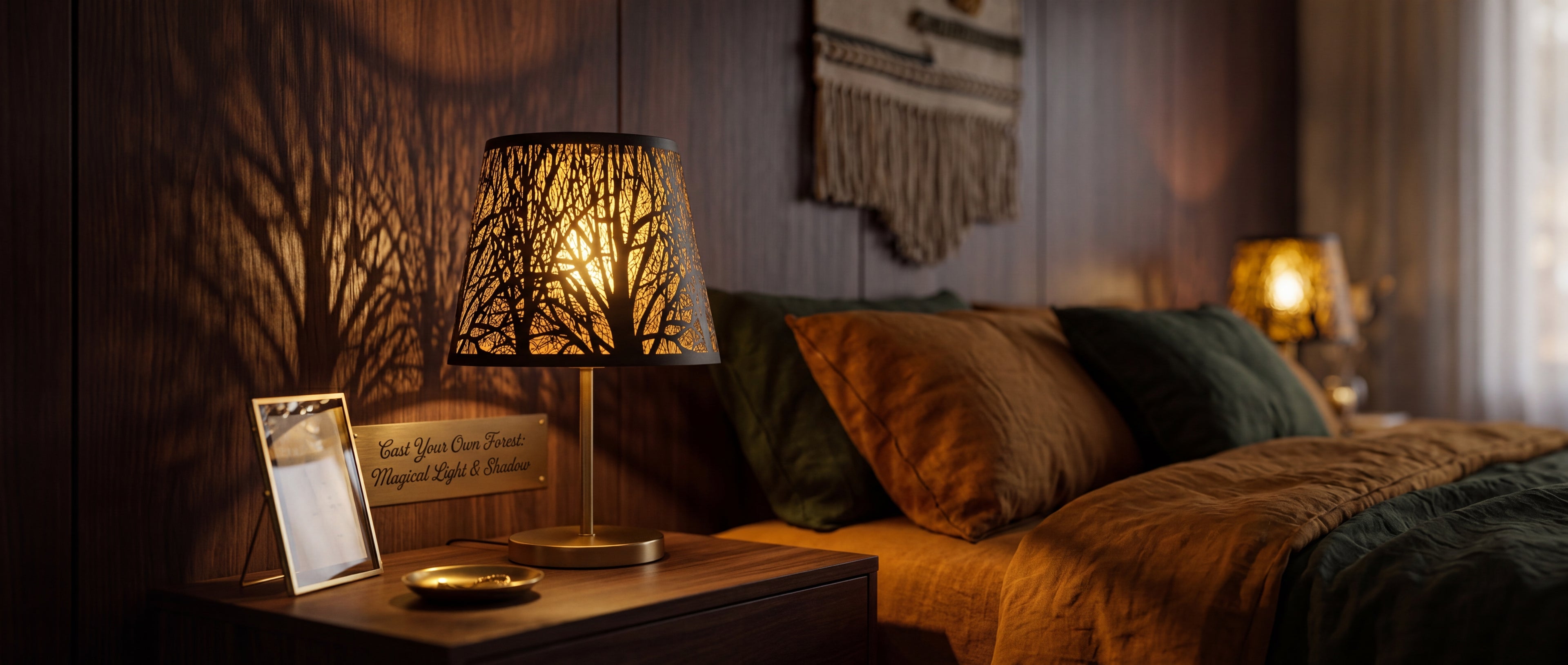 Small Metal Lamp Shade with Hand-Etched Forest Pattern on Brass Bedside Lamp - Cast Your Own Forest of Magical Light & Shadow, Creates Beautiful Tree Branch Shadow Projection on Wood Panel Wall in Bedroom, 6"x10"x7.5" Spider Fitter Replacement Shade for Warm Ambient Lighting