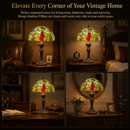 Fruit Orchard Tiffany table lamp displayed in living room bedroom and study vintage home interiors
