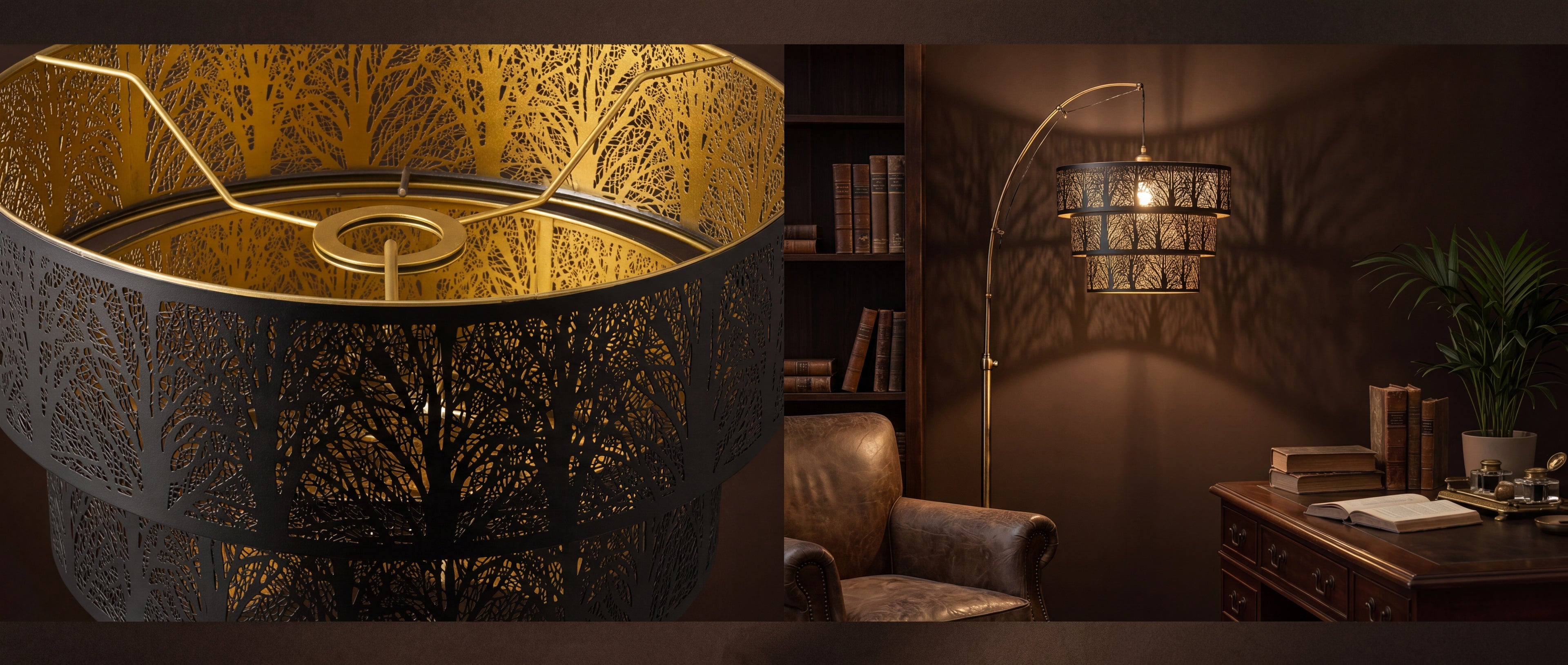 3-Tier Drum Lamp Shade with Black Laser-Cut Metal Exterior and Gold Interior, Etched Tree Pattern Produces Warm Ambient Light, 13.2"x10" Replacement Shade for Floor Lamp and Decorative Fixtures, 1.63 Inch Fitter