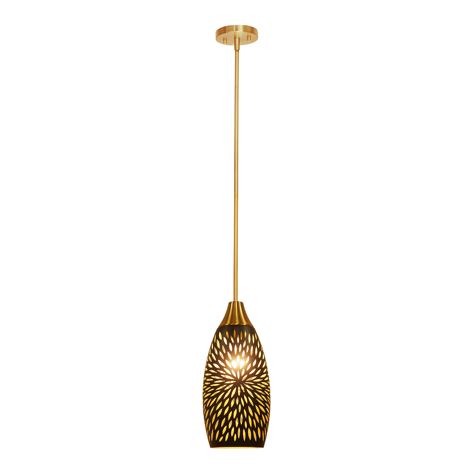 gold metal pendant light creating warm ambient lighting in interior space