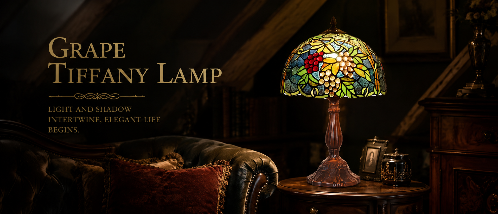 Grape Tiffany accent lamp adding warm artistic illumination to a classic living room with vintage furniture