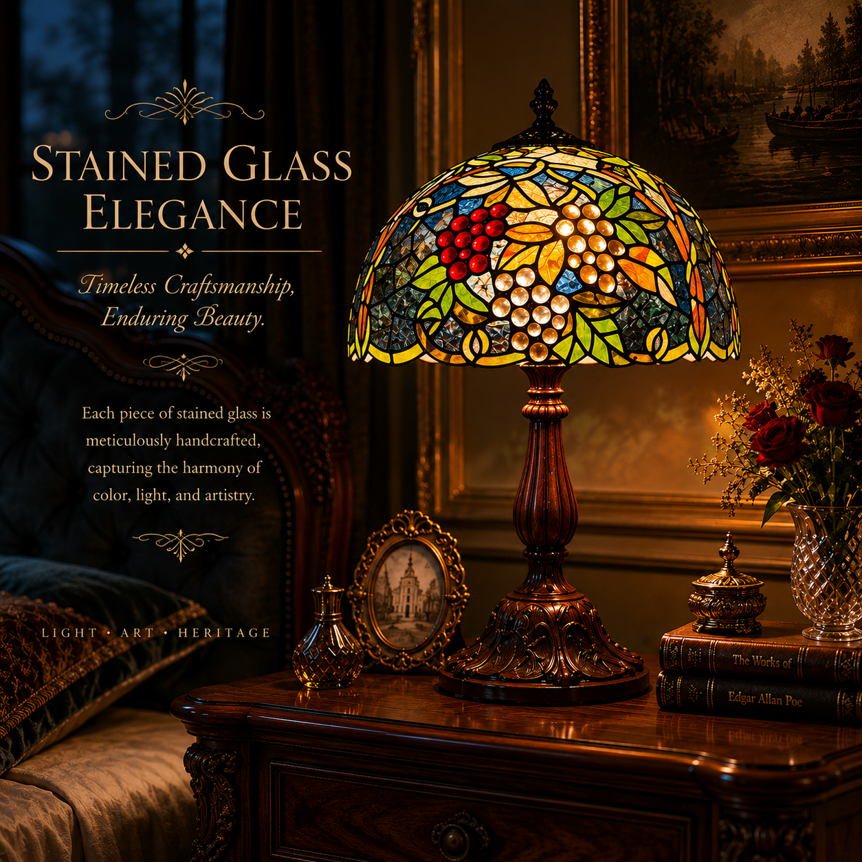 Grape Tiffany bedside night lamp providing warm ambient lighting on a bedroom nightstand for reading and relaxation