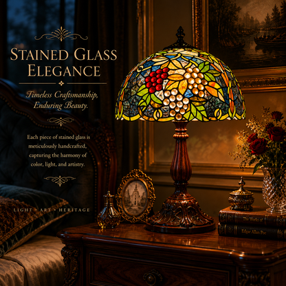 Grape Tiffany bedside night lamp providing warm ambient lighting on a bedroom nightstand for reading and relaxation