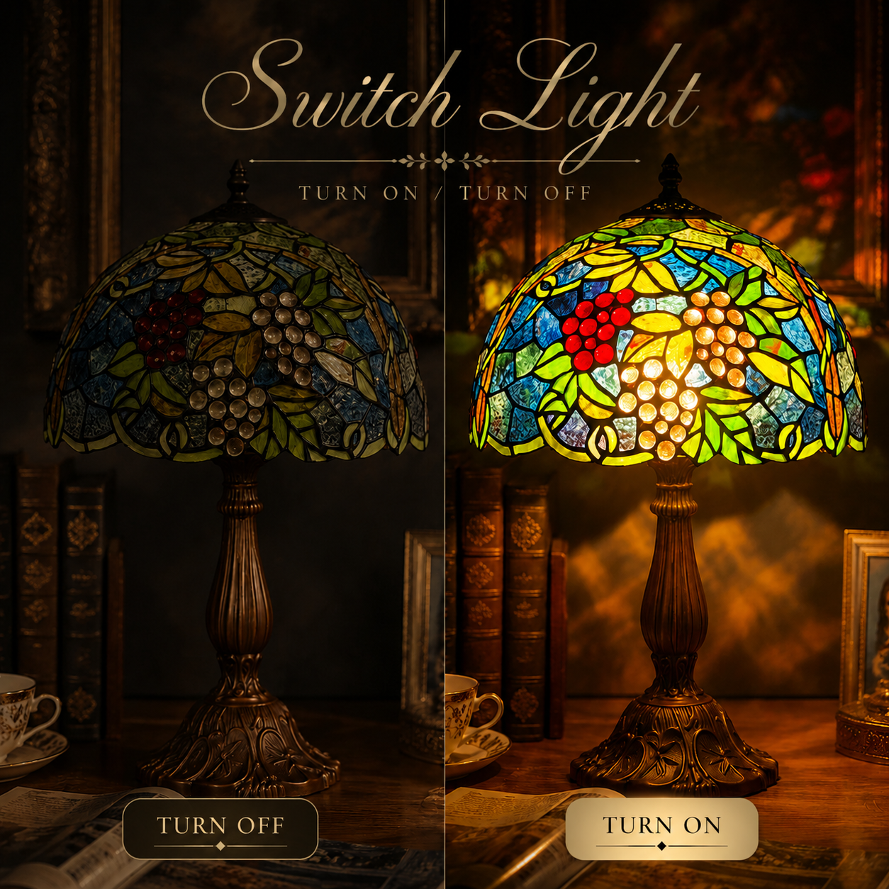 Grape Tiffany lamp showing off and on lighting effect with warm glow through colorful stained glass shade