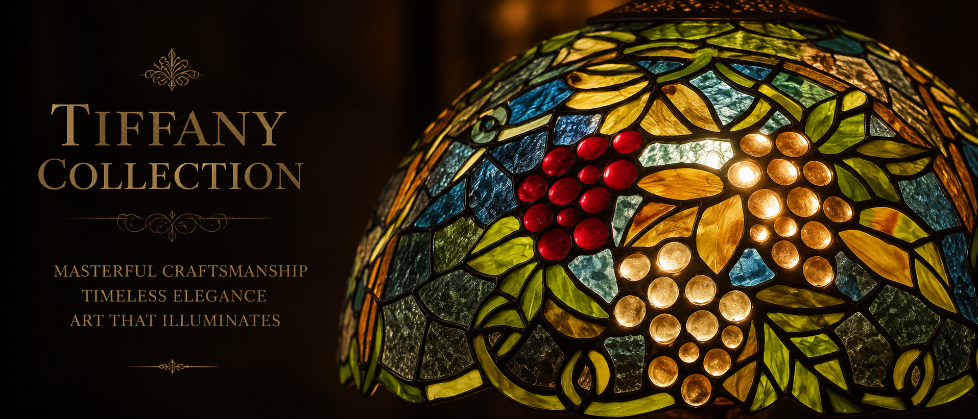 Detailed view of grape vine glass shade with colorful handcrafted glass pieces showing artistic lamp craftsmanship