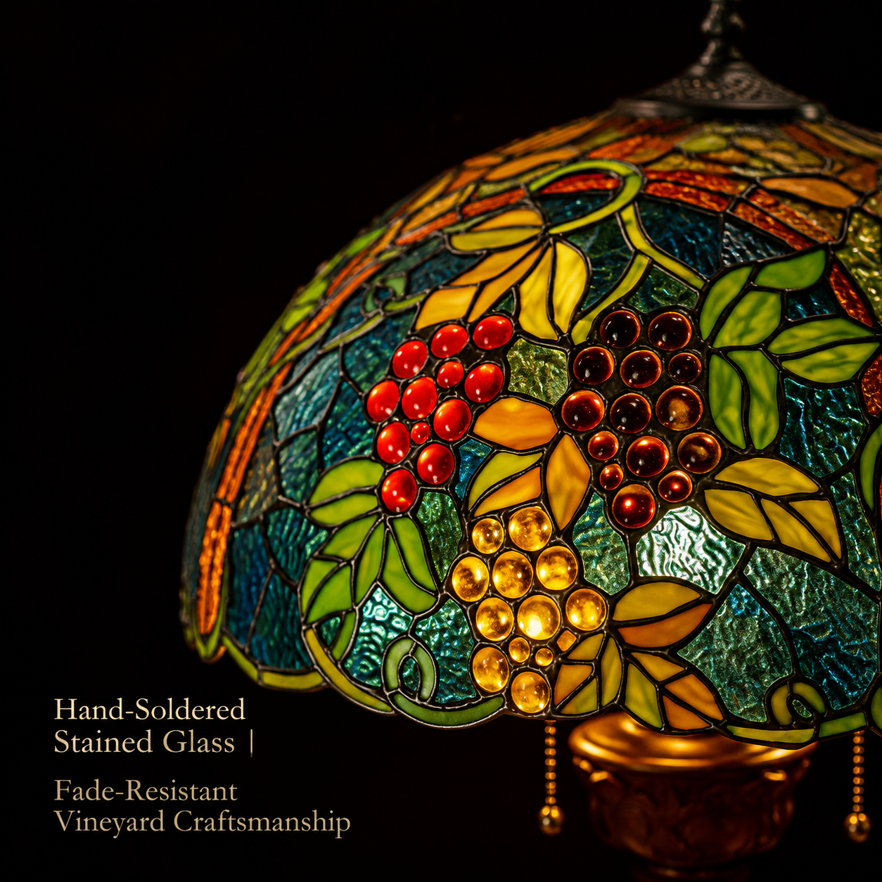 Close up view of grape vine stained glass shade featuring colorful glass pieces and handcrafted details