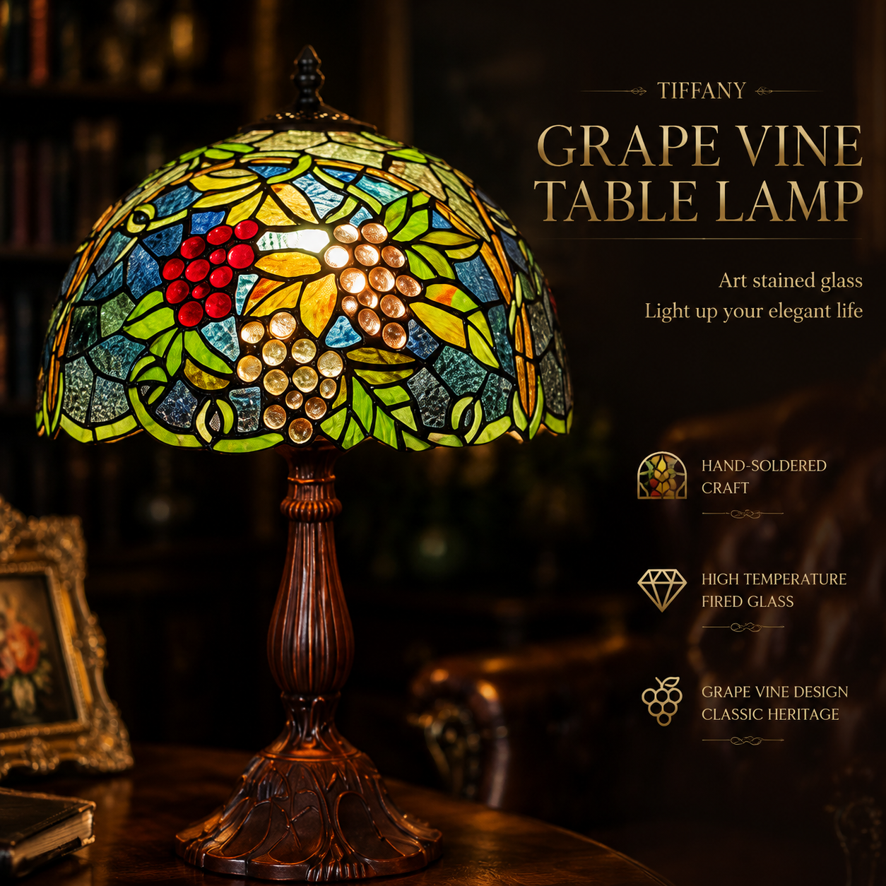 Grape vine Tiffany stained glass table lamp featuring colorful glass grapes and leaves with vintage bronze style base for bedroom decor