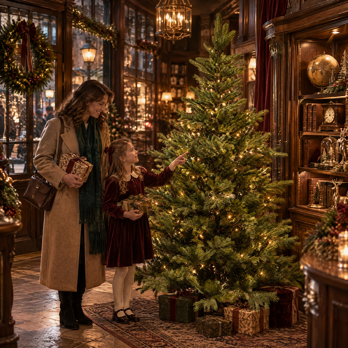 A mother and daughter admire a green artificial Christmas tree illuminated with warm lights and surrounded by wrapped presents in an elegant traditional home.