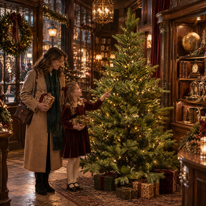 A mother and daughter admire a green artificial Christmas tree illuminated with warm lights and surrounded by wrapped presents in an elegant traditional home.