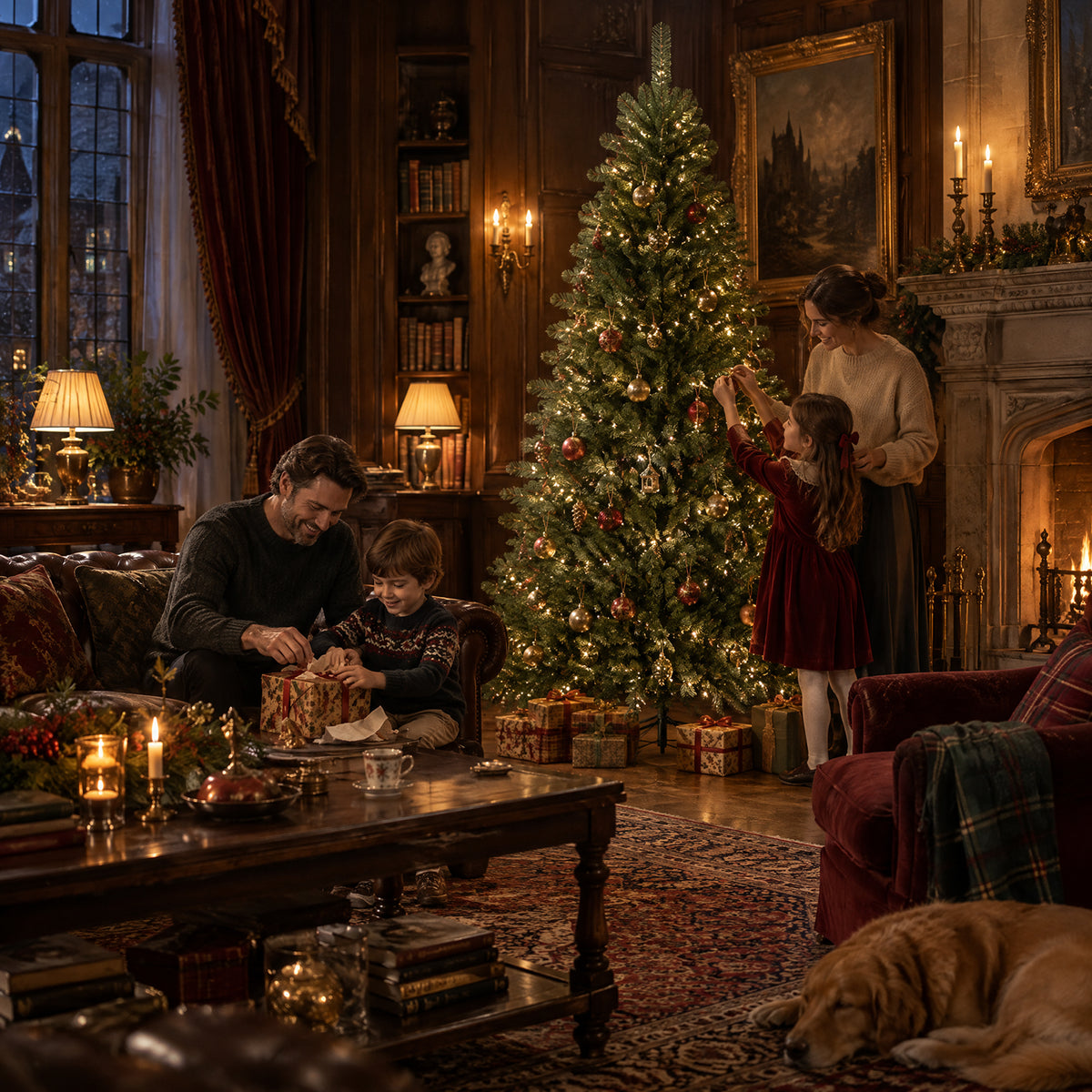 A family enjoys Christmas morning beside a green artificial Christmas tree with warm lights, surrounded by wrapped presents in a cozy traditional living room.