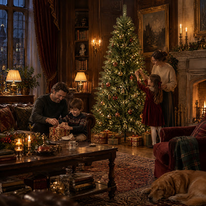 A family enjoys Christmas morning beside a green artificial Christmas tree with warm lights, surrounded by wrapped presents in a cozy traditional living room.