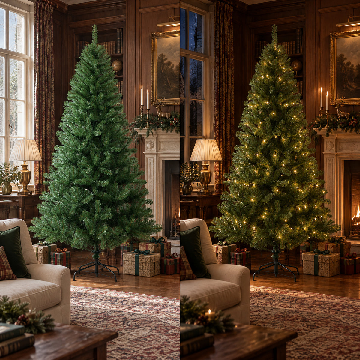 Side-by-side comparison of a green artificial Christmas tree with lights off and warm white LED lights on in a traditional wood-paneled living room.