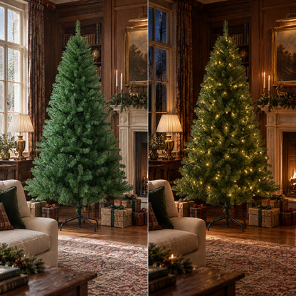 Side-by-side comparison of a green artificial Christmas tree with lights off and warm white LED lights on in a traditional wood-paneled living room.