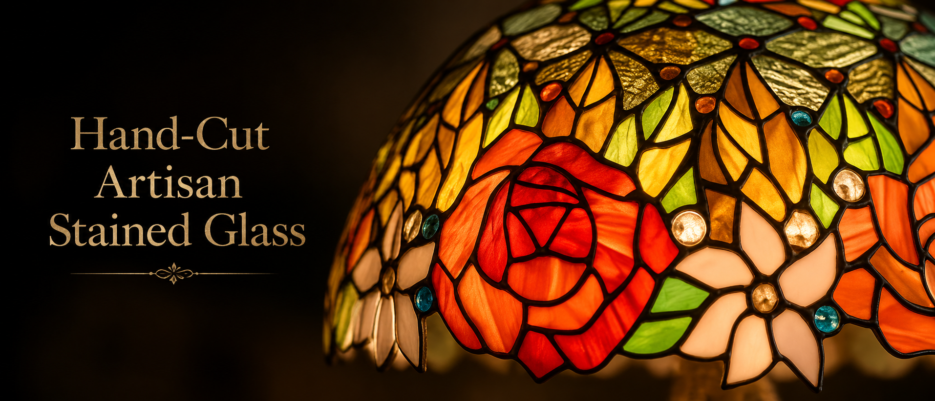 Hand-cut rose floral stained glass lampshade featuring colorful mosaic glass craftsmanship on a Tiffany style lamp