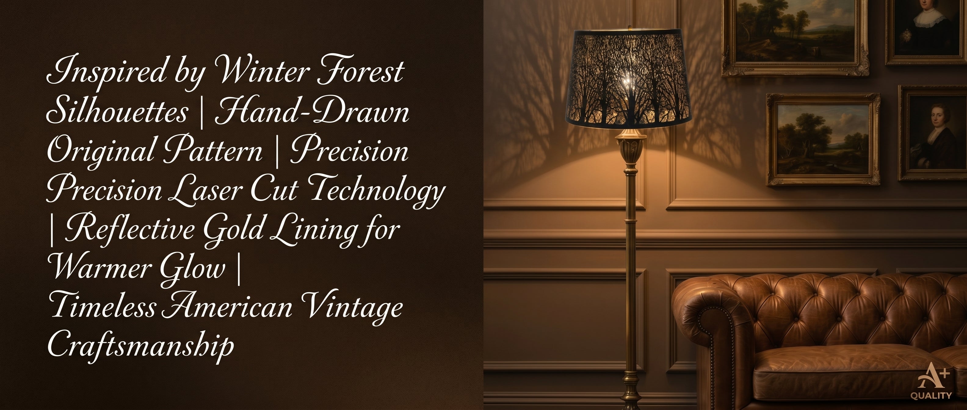 Drum Tree Etched Metal Lamp Shade - Craftsmanship Features: Inspired by Winter Forest Silhouettes, Hand-Drawn Original Tree Pattern, Precision Laser Cut Technology, Reflective Gold Lining for Warmer Glow, Timeless American Vintage Craftsmanship, Right Side Shows Shade on Brass Floor Lamp in Vintage Study with Multiple Framed Oil Paintings and Chesterfield Leather Sofa, Aged Bronze Exterior Creates Beautiful Tree Branch Shadow Projection on Paneled Wall, 10" x 12" x 8" Spider Fitter Replacement Shade for Flo