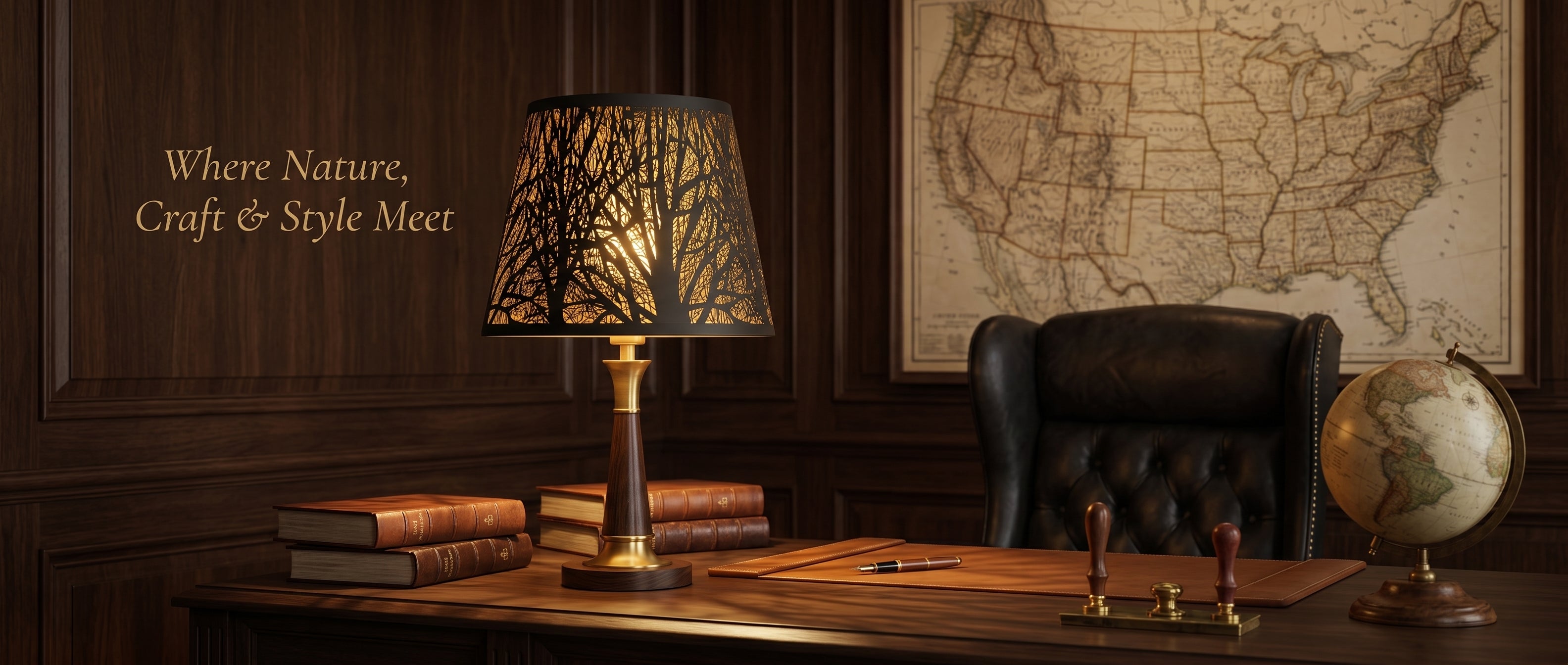 Where Nature, Craft & Style Meet - Small Metal Lamp Shade with Hand-Etched Forest Pattern on Vintage Brass & Wooden Table Lamp in Classic American Study Room, Framed US Map and Brass Globe on Wood Panel Wall, 6"x10"x7.5" Spider Fitter, Black Exterior with Gold Interior Creates Warm Tree Shadow Ambient Lighting for Table Lamps and Bedside Lamps