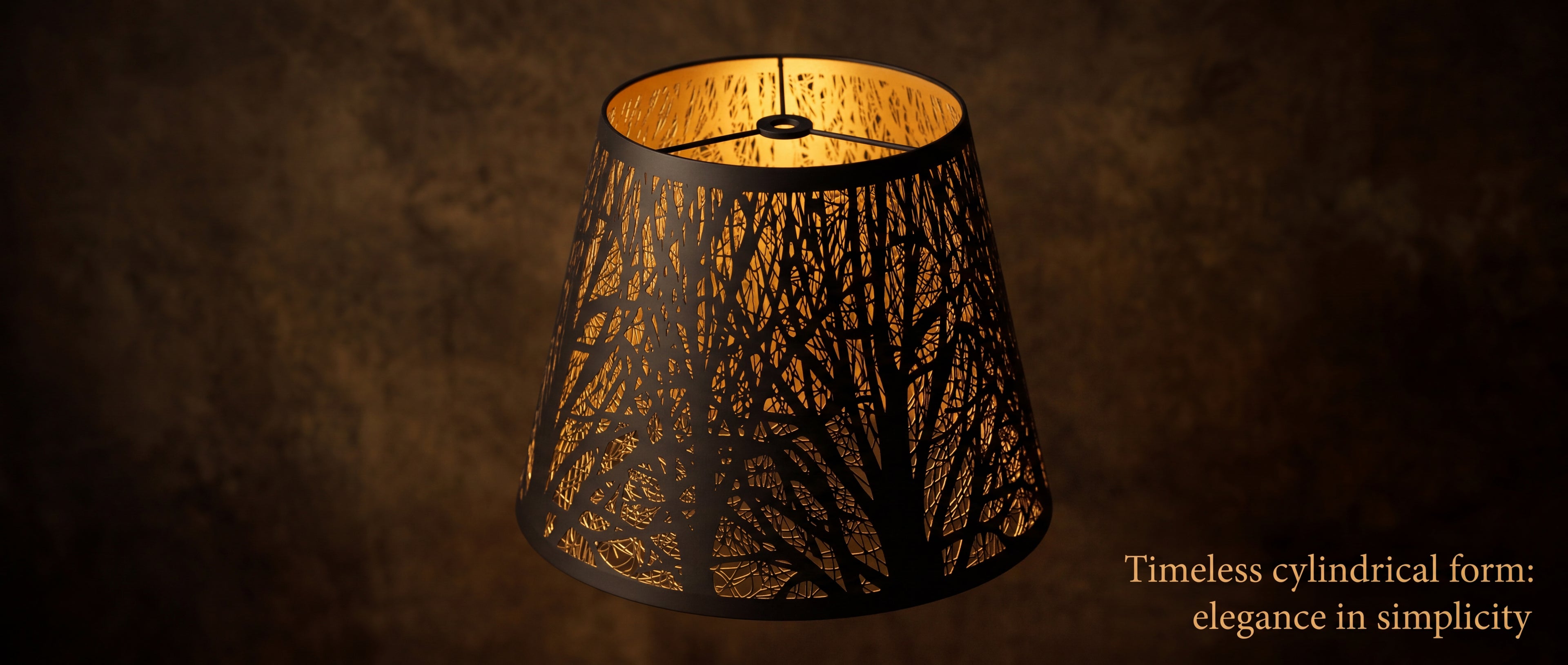 Small Metal Lamp Shade with Hand-Etched Forest Pattern - Timeless Cylindrical Form with Elegant Black Exterior and Warm Gold Interior, Spider Fitter Design, 6" x 10" x 7.5" Replacement Shade for Table Lamps, Bedside Lamps and Decorative Fixtures, Ambient Lighting