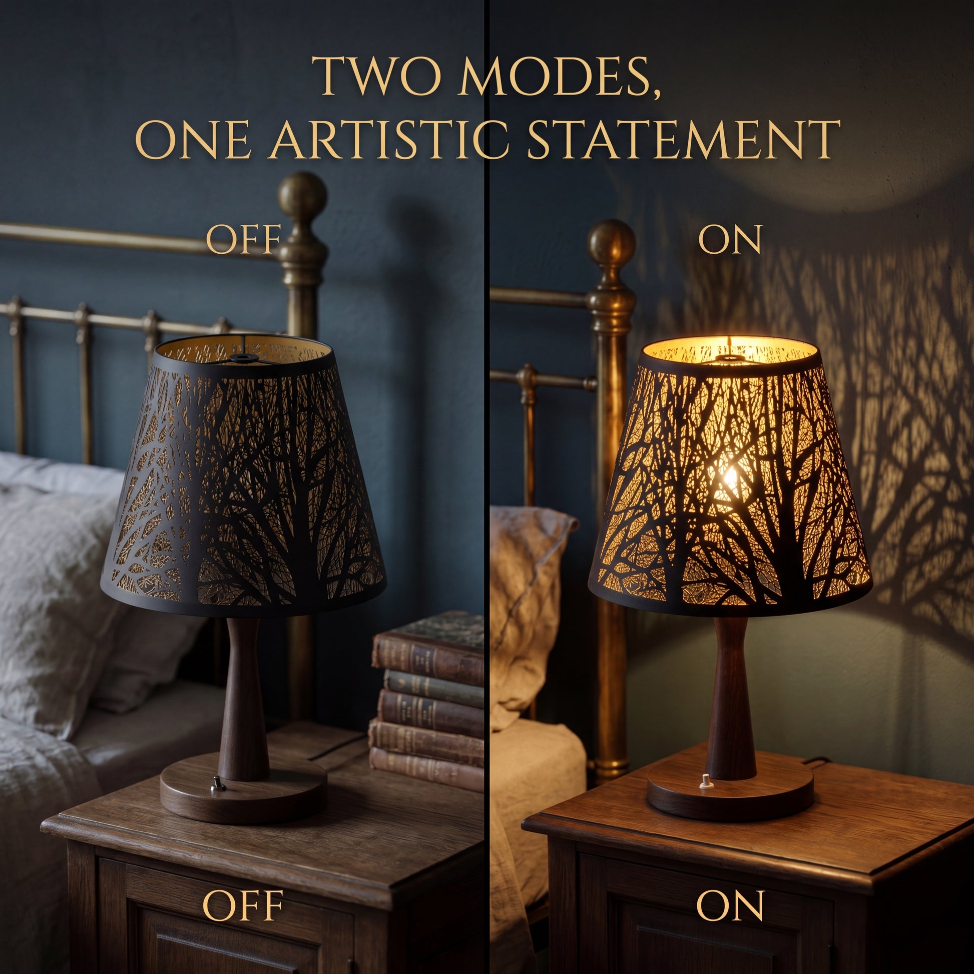 Small Metal Lamp Shade with Hand-Etched Forest Pattern - ON/OFF Comparison on Wooden Bedside Table Lamp, Creates Beautiful Tree Branch Shadow Projection on Wall When Lit, Black Exterior with Gold Interior, 6"x10"x7.5" Spider Fitter Replacement Shade for Ambient Lighting
