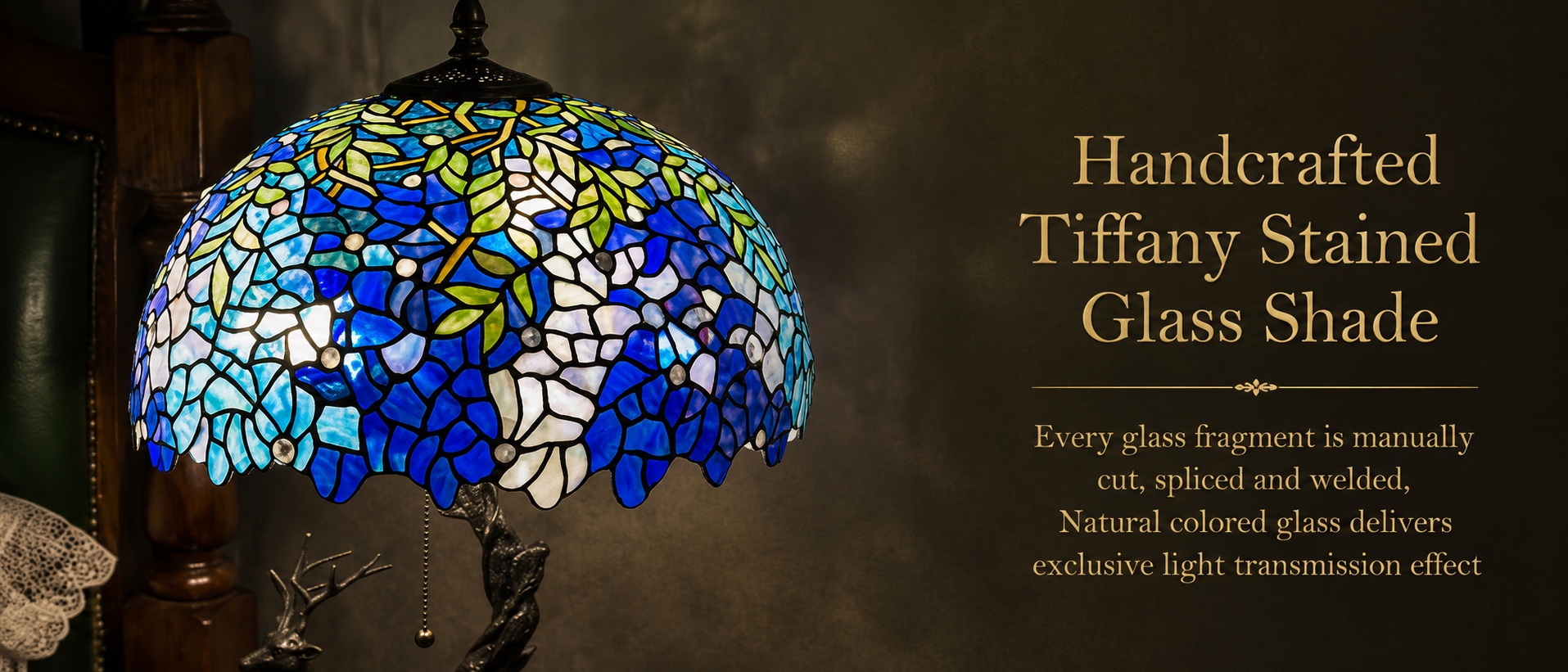 Handcrafted blue floral stained glass lampshade featuring detailed mosaic glass pieces and artistic light transmission