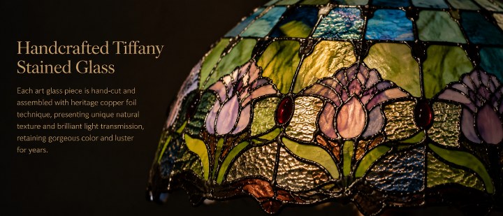 Handcrafted Blue Tulip Tiffany stained glass shade featuring floral patterns, colorful glass textures and traditional artisan craftsmanship