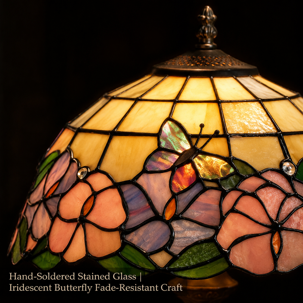 Close-up view of handcrafted butterfly stained glass lamp shade featuring floral patterns and colorful glass craftsmanship