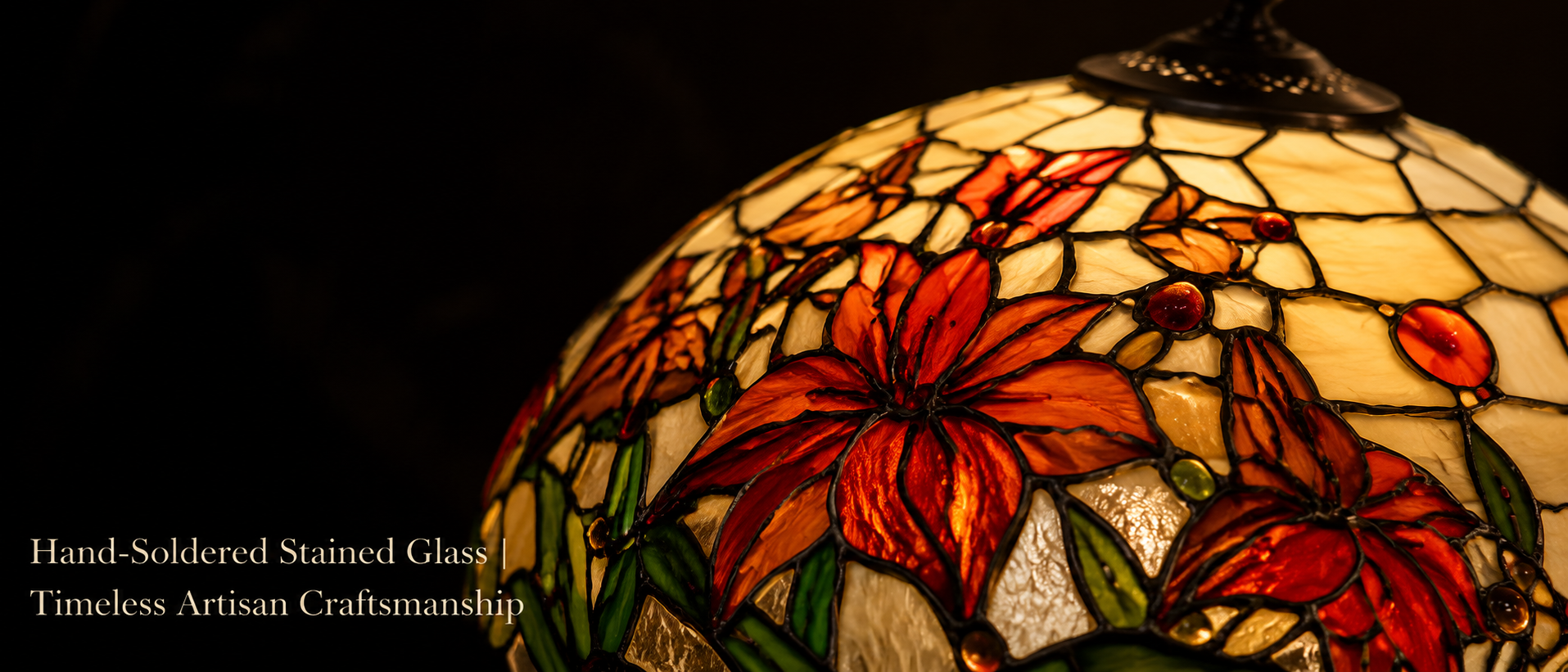 Handcrafted floral glass shade detail showing artisan soldered stained glass craftsmanship and colorful lily patternsHandcrafted floral glass shade detail showing artisan soldered stained glass craftsmanship and colorful lily patterns