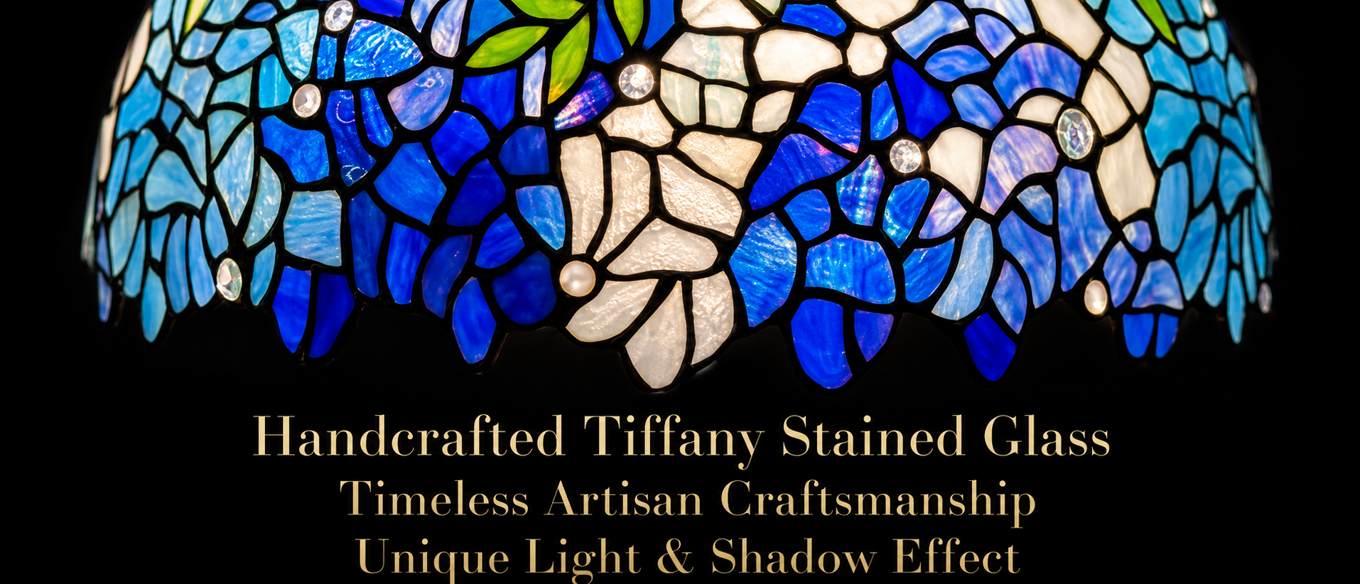 Handcrafted floral stained glass lamp shade featuring detailed mosaic glass pieces with artistic light and shadow effects