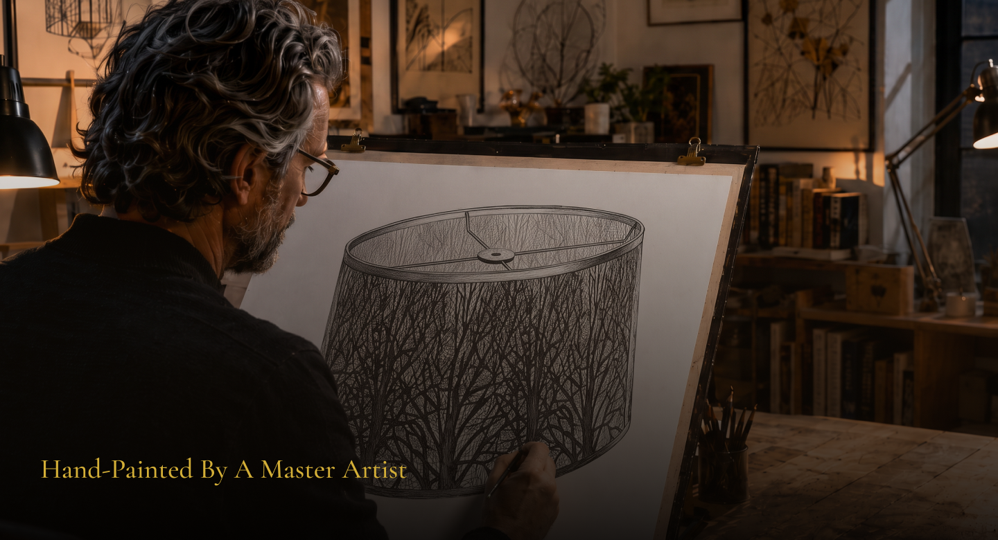 Handcrafted forest metal lamp shade design process showing the artistic creation of a unique shade for antique lamps.
