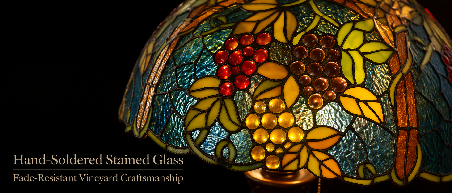 Handcrafted stained glass shade featuring grape clusters and leaf patterns with artistic glass details