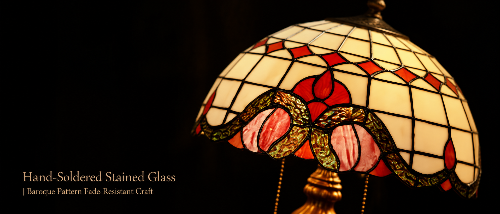 Close up of handcrafted mosaic glass shade with Baroque patterns and detailed soldered craftsmanship