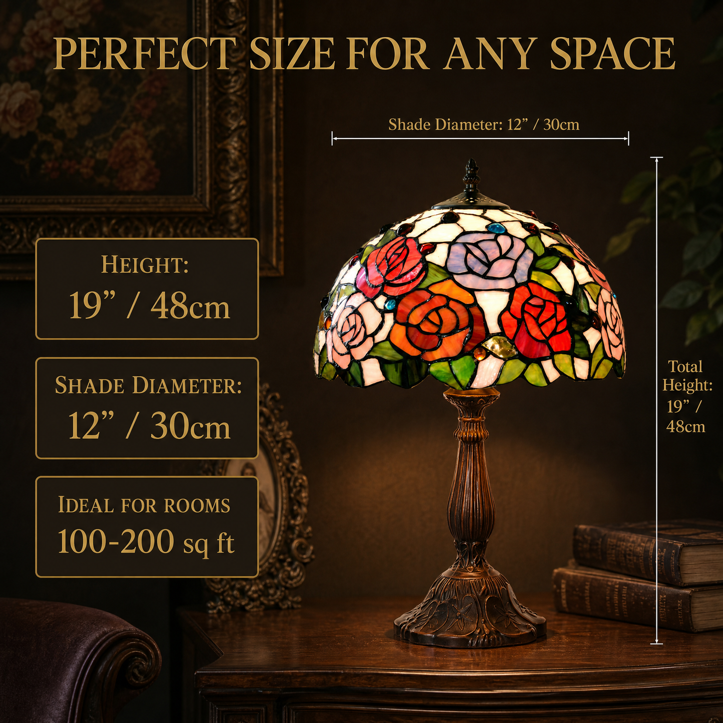 Close-up view of handcrafted rose floral stained glass lampshade with colorful glass details