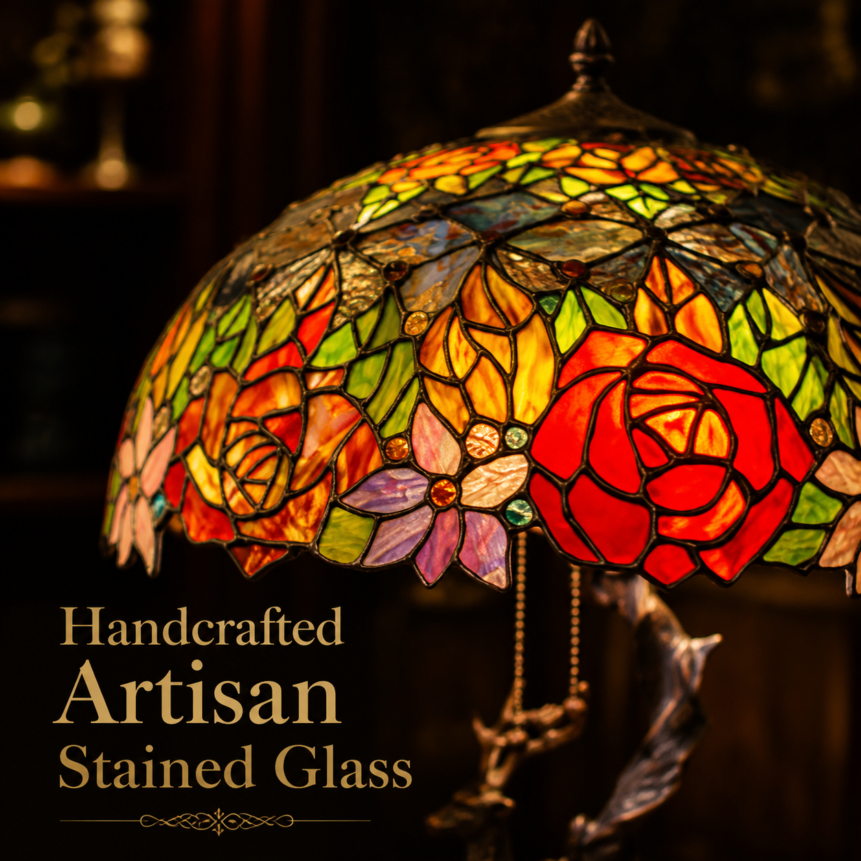 Handcrafted rose floral stained glass lampshade featuring colorful mosaic glass pieces on a vintage Tiffany table lamp