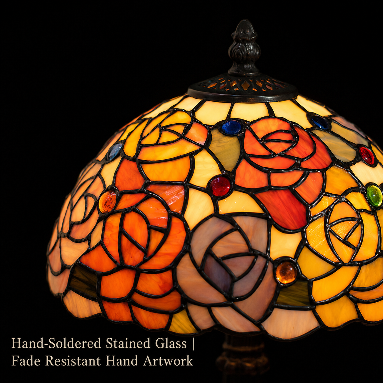Close up view of handcrafted rose flower stained glass lampshade featuring colorful floral patterns and Tiffany style craftsmanship