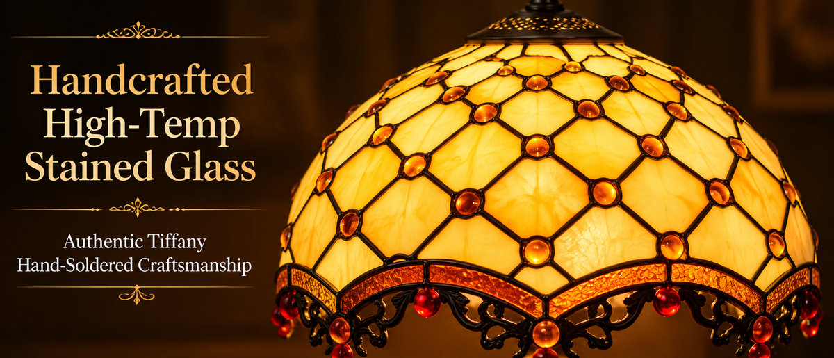 Handcrafted stained glass lamp shade featuring high temperature glass panels and traditional Tiffany style soldered craftsmanship