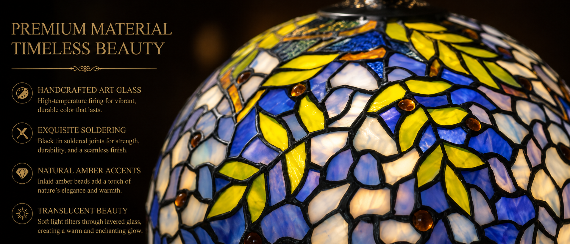 Handcrafted stained glass Tiffany lamp shade featuring colorful glass pieces, soldered details and artistic floral craftsmanship