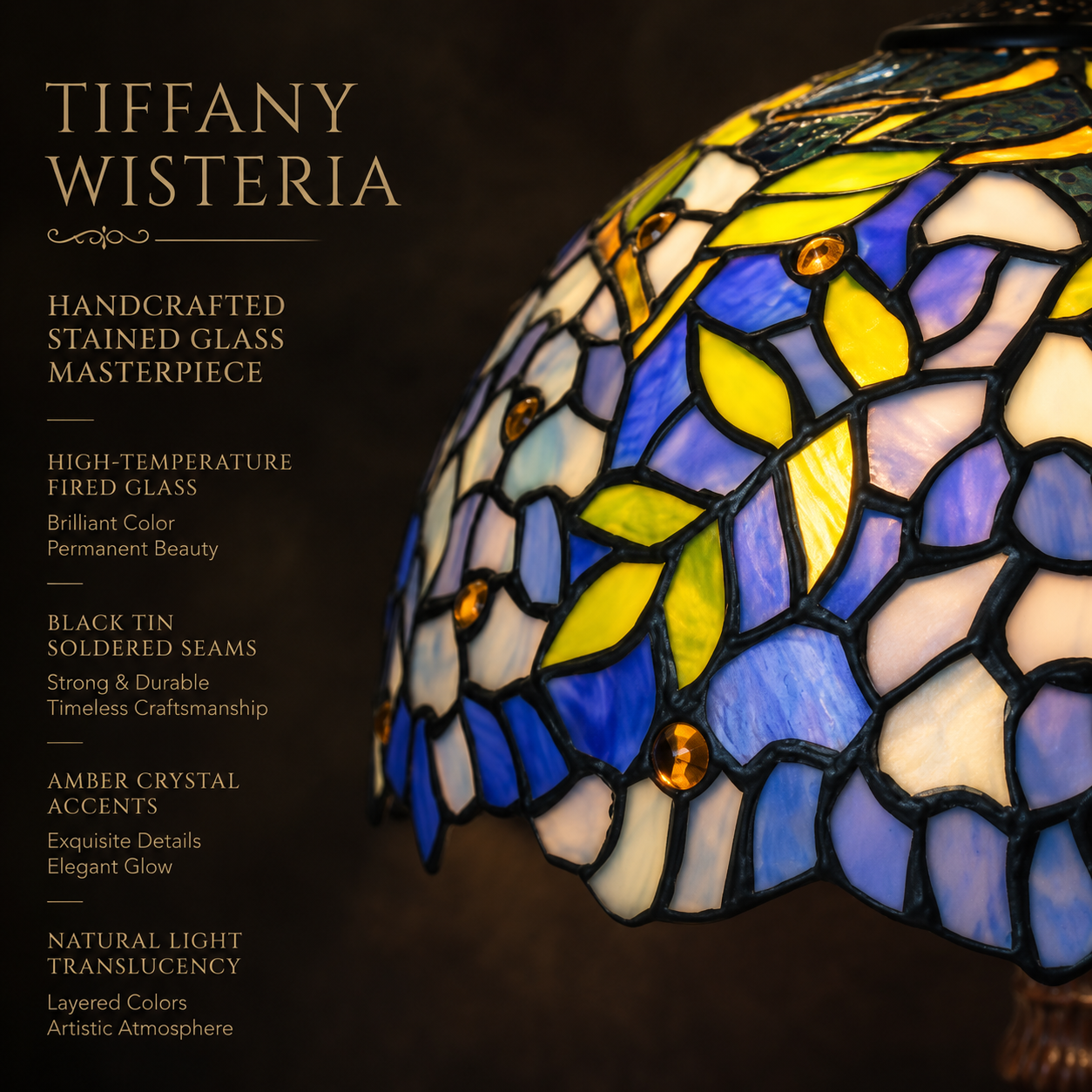 Close up detail of handcrafted wisteria stained glass lamp shade featuring colorful floral glass pieces and artisan soldered craftsmanship