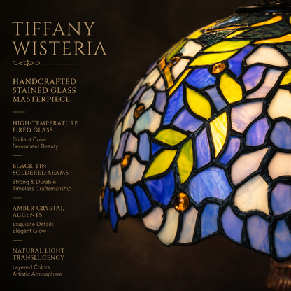 Close up detail of handcrafted wisteria stained glass lamp shade featuring colorful floral glass pieces and artisan soldered craftsmanship