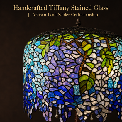 Close-up view of handcrafted wisteria stained glass lamp shade featuring colorful floral mosaic glass pieces