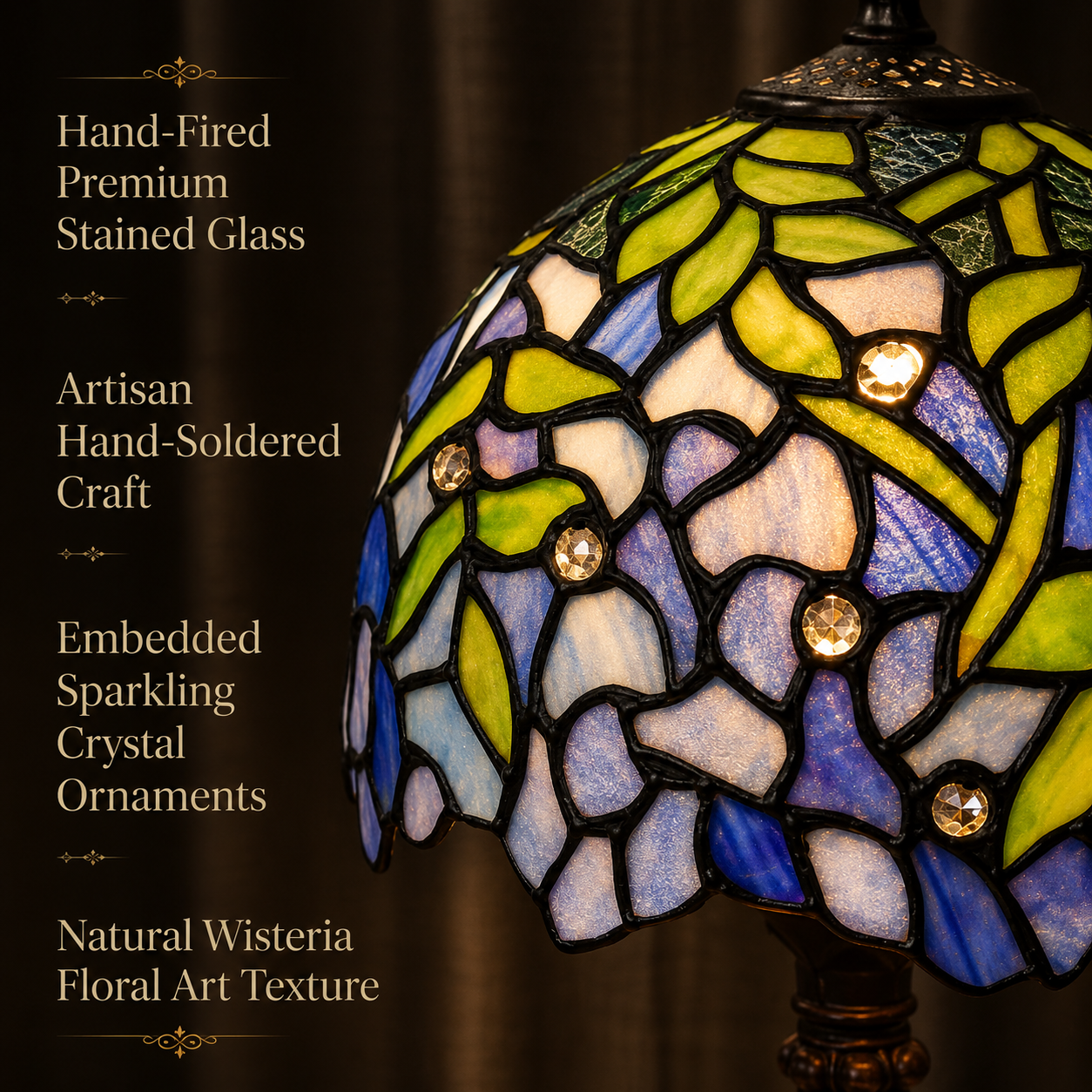 Handcrafted stained glass lampshade with blue purple wisteria flowers, green leaves and decorative crystal accents