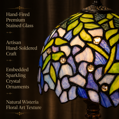 Handcrafted stained glass lampshade with blue purple wisteria flowers, green leaves and decorative crystal accents